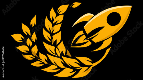 A golden rocket ascends through a leafy wreath on a black background