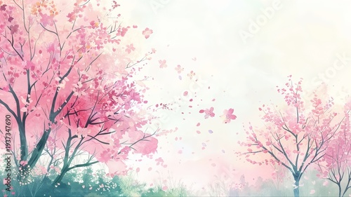 Bright spring forest in the daytime, soft sunlight, pastel colors, cherry blossom trees in full bloom. A cute and friendly expression, magical and warm atmosphere, and a toddler-friendly illustration.