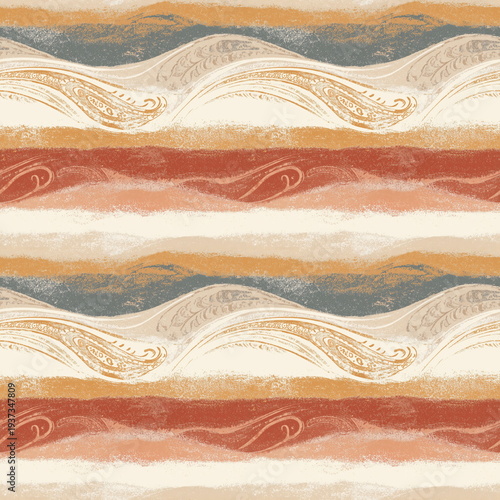 Wallpaper Mural Seamless Pattern Boho Paisley Motifs in Rust and Mustard with Sand Stripes Earthy Tones Intricate Design for Textiles Torontodigital.ca