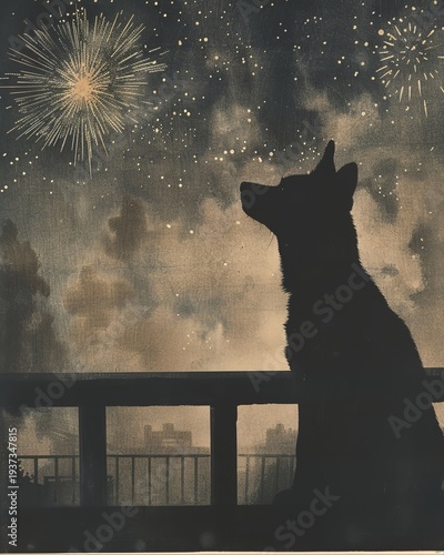 Shiba Inu in ukiyo-e/Japanese woodblock print aesthetic, veranda, subtle fireworks at night, simple and silhouetted background, limited palette, premium wall art, ready for print.