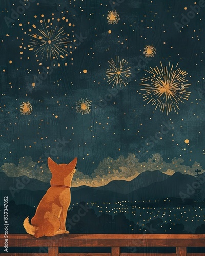 Shiba Inu in ukiyo-e/Japanese woodblock print aesthetic, veranda, subtle fireworks at night, simple and silhouetted background, limited palette, premium wall art, ready-print.