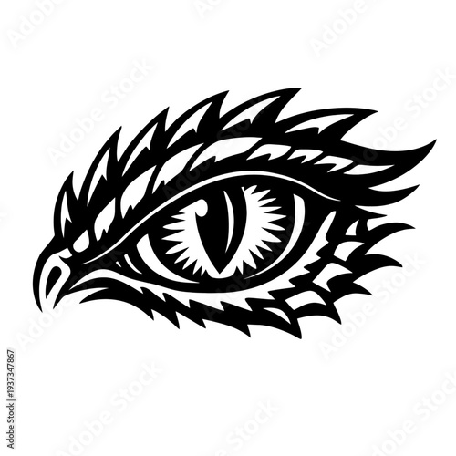 Stylized black and white illustration of an eagle's eye with sharp feathers and detailed iris, symbolizing sharp vision and freedom