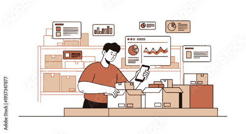 Man analyzes shipping data on phone amidst boxes and graphs in a warehouse