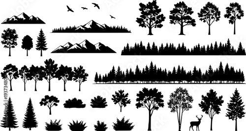 Tree and forest silhouettes - Vector illustration collection of trees and wilderness objects to create your own nature scene.
