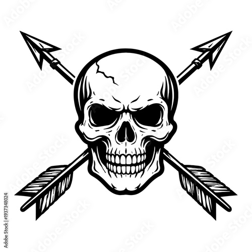 Skull with crossed arrows illustration, symbolizing danger and warning signs, often used in graphic design for tattoos and logos