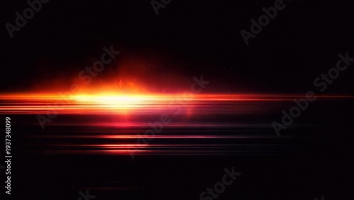 Intense horizontal lens flare with fiery orange-red core and soft diffused glow on black background — cinematic light leak, energy burst, or transition effect