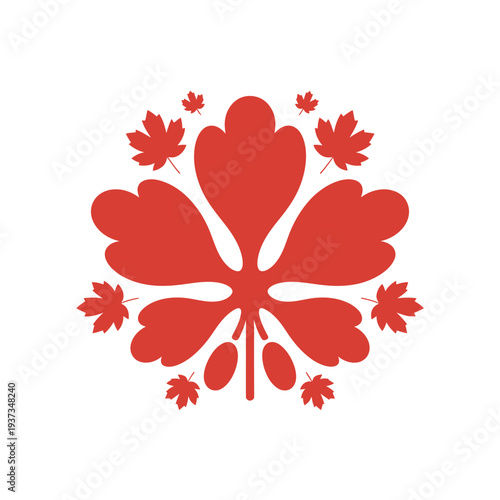 A stylized red maple leaf design symbolizes Canadian identity with smaller maple leaves.