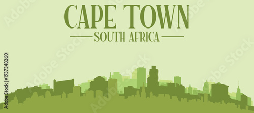 Green panoramic poster of the city skyline with solid background buildings on a hilly terrain of CAPE TOWN, SOUTH AFRICA