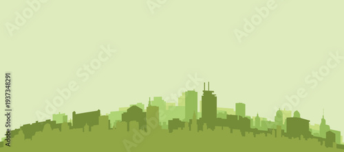 Green panoramic poster of the city skyline with solid background buildings on a hilly terrain of MEXICO CITY, MEXICO