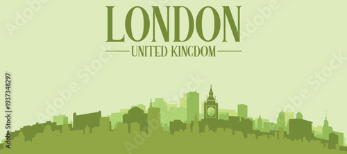 Green panoramic poster of the city skyline with solid background buildings on a hilly terrain of LONDON, UNITED KINGDOM