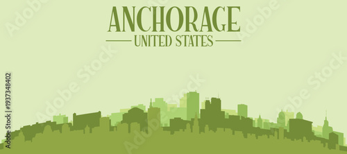 Green panoramic poster of the city skyline with solid background buildings on a hilly terrain of ANCHORAGE, UNITED STATES