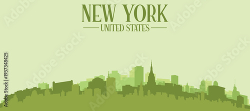 Green panoramic poster of the city skyline with solid background buildings on a hilly terrain of NEW YORK, UNITED STATES