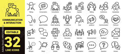 Communication and dialogue icon set with talking, conversation, conferences, microphones, debates, presentations, feedback, and essential communication ranking symbols in clean modern line‑art style