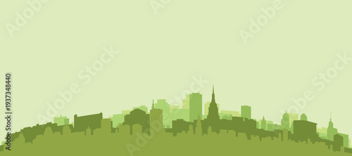 Green panoramic poster of the city skyline with solid background buildings on a hilly terrain of NEW YORK, UNITED STATES