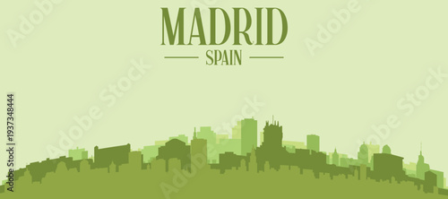 Green panoramic poster of the city skyline with solid background buildings on a hilly terrain of MADRID, SPAIN