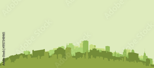 Green panoramic poster of the city skyline with solid background buildings on a hilly terrain of SEVILLE, SPAIN