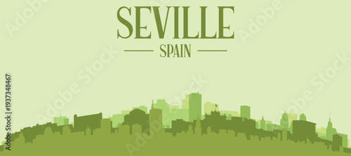Green panoramic poster of the city skyline with solid background buildings on a hilly terrain of SEVILLE, SPAIN