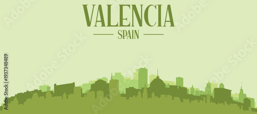 Green panoramic poster of the city skyline with solid background buildings on a hilly terrain of VALENCIA, SPAIN