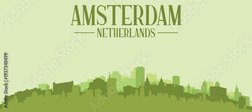 Green panoramic poster of the city skyline with solid background buildings on a hilly terrain of AMSTERDAM, NETHERLANDS