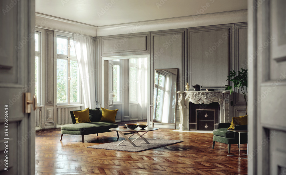 Fototapeta premium 3D rendering of a luxury classic living room interior with a fireplace, green furniture, and herringbone wooden floor, concept for elegant home decor