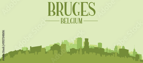 Green panoramic poster of the city skyline with solid background buildings on a hilly terrain of BRUGES, BELGIUM