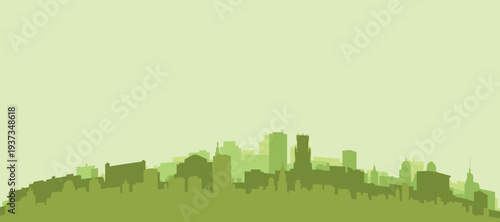Green panoramic poster of the city skyline with solid background buildings on a hilly terrain of BRUGES, BELGIUM