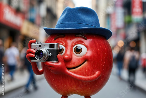Cute red apple character wearing blue hat and holding vintage camera on city street. Fun conceptual 3D illustration for creative marketing and photography.