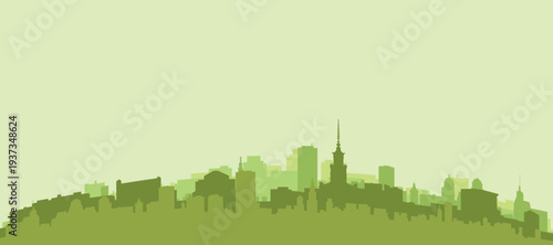 Green panoramic poster of the city skyline with solid background buildings on a hilly terrain of WARSAW, POLAND