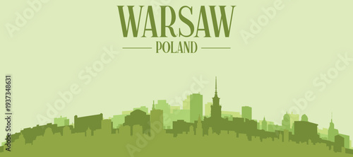 Green panoramic poster of the city skyline with solid background buildings on a hilly terrain of WARSAW, POLAND