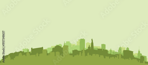 Green panoramic poster of the city skyline with solid background buildings on a hilly terrain of LODZ, POLAND