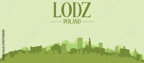 Green panoramic poster of the city skyline with solid background buildings on a hilly terrain of LODZ, POLAND