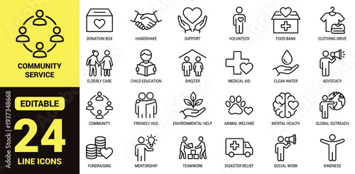 Community service and charity support icon set with donation, volunteering, elderly care, child education, clean water, disaster relief, and essential humanitarian ranking symbols