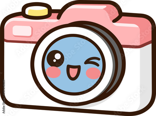 A cute, cartoon-style pink camera with a smiling face and large lens, ideal for creative content, social media, and playful designs. Bright and fun, perfect for modern, youthful projects.