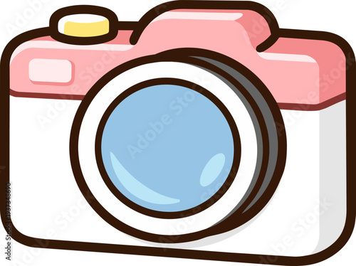 A cute pink cartoon camera with a large lens, perfect for photography, tech, and creative projects. Ideal for social media, modern, and youth-oriented designs.