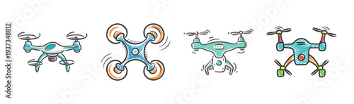 Four hand-drawn illustrations of drones, showcasing different aerial vehicle designs