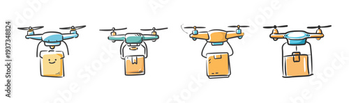 Four hand-drawn icons of drones carrying packages, symbolizing drone delivery services