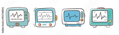 Four cartoon ECG machines showing heart rhythm waveforms, medical equipment