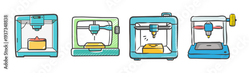 Set of four 3D printers in various colors for technology and manufacturing