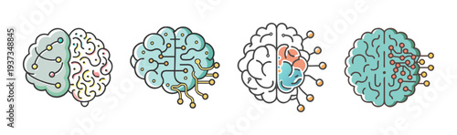 Collection of four stylized brains representing artificial intelligence and neural networks.