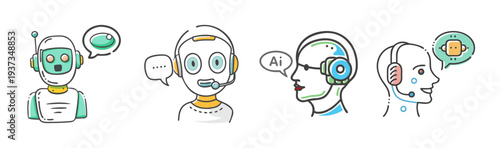 Set of four cute cartoon AI assistant robots with speech bubbles, vector icons.