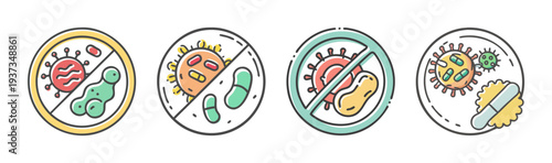 Antibiotic resistance icons showing bacteria and viruses being stopped with pills and crosses.