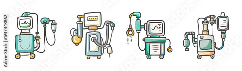 Collection of four medical anesthesia machines with monitors and tubes for patient care.