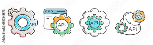 API icons with gears and browser window symbolizing integration and development