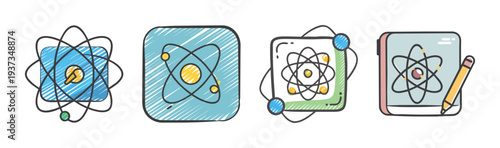 Atom icons with orbiting electrons symbolizing science and education concepts
