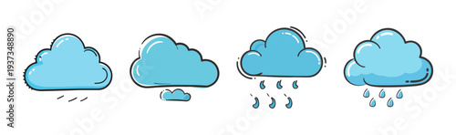 Collection of four blue cartoon clouds depicting rain and wind.