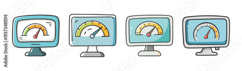 Four computer monitors displaying bandwidth speedometers, indicating internet performance.