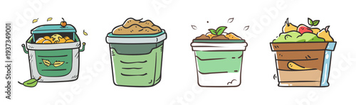 Hand-drawn icons of compost bins filled with organic waste for recycling and sustainability.