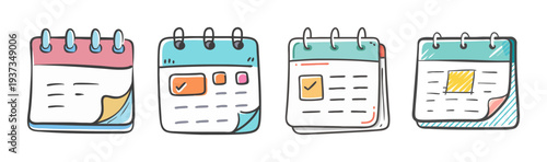 Cute hand-drawn calendar icons with checkmarks and colorful pages, planning concept