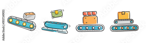 Hand-drawn conveyor belt icons with boxes and packages, factory and logistics concept