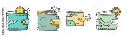 Set of hand-drawn digital crypto wallets with coins and circuit board elements.
